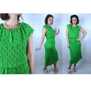 vintage 70s LIME GREEN Two Piece SWEATER Set Large/xl knit dress matching set
